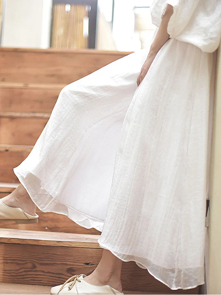 qgtao Women Elegant Solid Cotton Pants Korean Summer Retro High Waist Two Layer Wide Leg Pant Long Boho Trousers Female