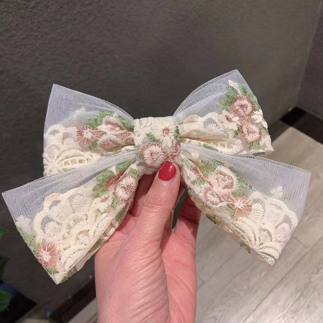Korean Ribbon Bow Spring Barrette Hair Clips Embroidery Flower Hairpins Fabric Hair Bows Hoop Daily Casual Hair Accessories Gift