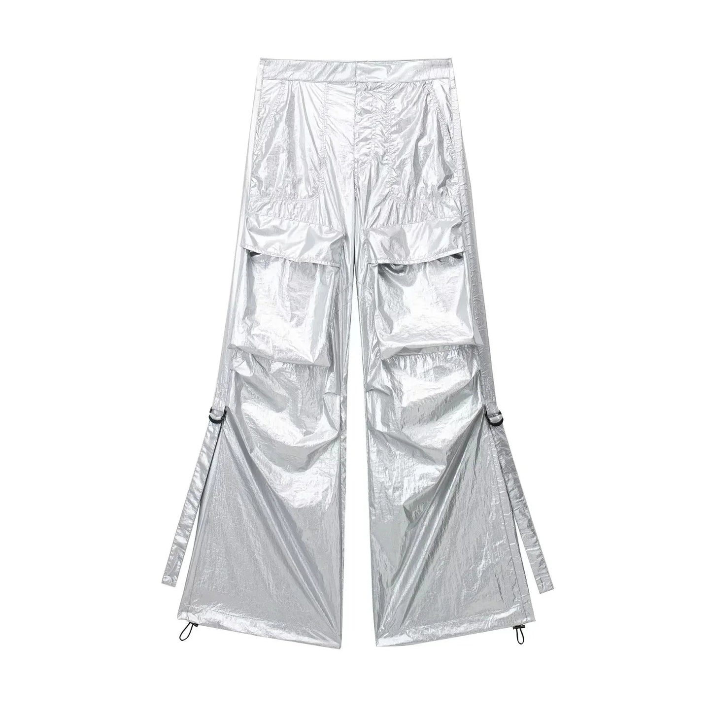 Silver Y2k Women's Pants Cargo 2024 Baggy Trousers Loose Oversize Vintage Streetwear Trendy Casual Stylish Chic Classic Mid Wasi