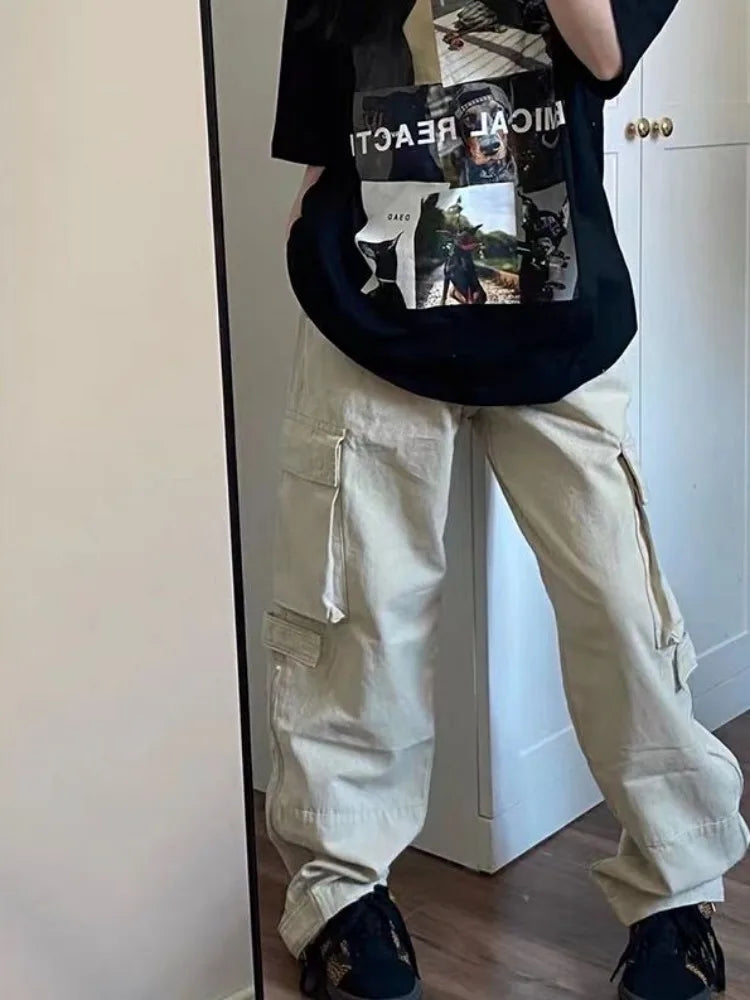 qgtao Y2k Big Pocket Cargo Pants Women Street wear Straight Wide Leg Trousers Vintage Design Side Zipper Drawtring Baggy Pants