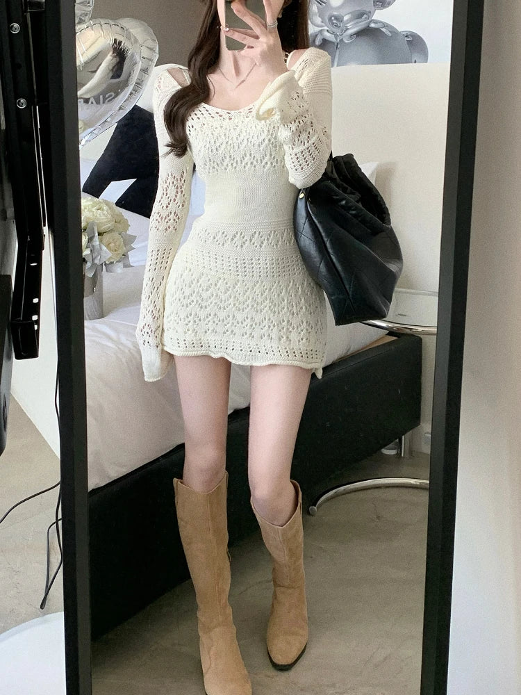 qgtao Autumn Elegant Knitted Dress Women Long Sleeve Lace Short Party Dress Korea Fashion Slim Sexy Y2k Mini Dress Female Vintage