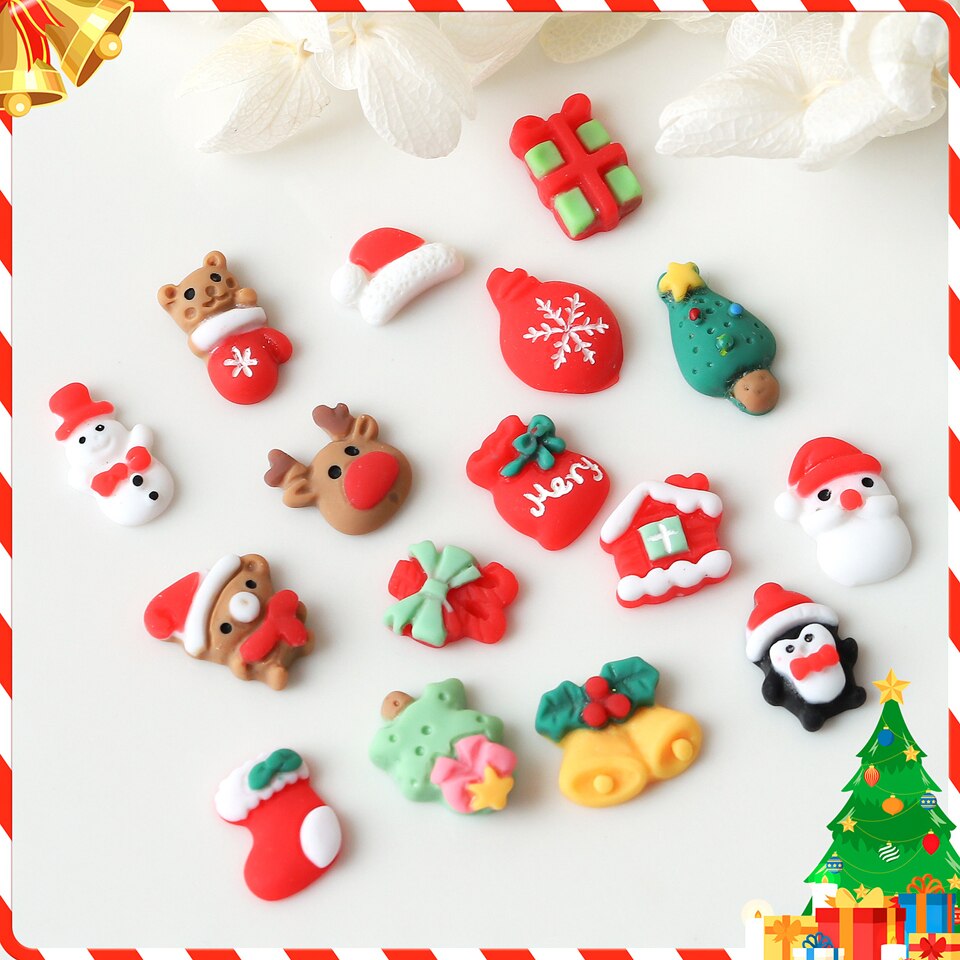 50 Pieces Christmas Nail Charms Wholesale In Bulk Tree Snowman Deer Mixed Styles 3D Resin Nail Art Decoration