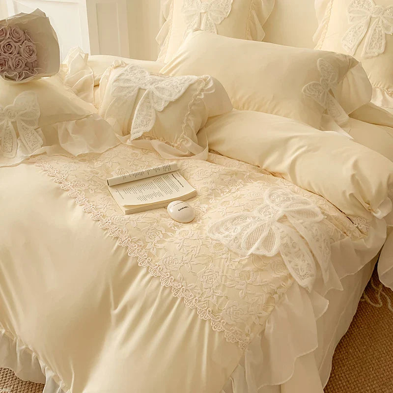 Yeknu Korean Princess Bedding Set Lace Bow Beauty Solid Color Lace Ruffle Quilt Cover Luxury Girls Wedding Home Textiles Duver Cover