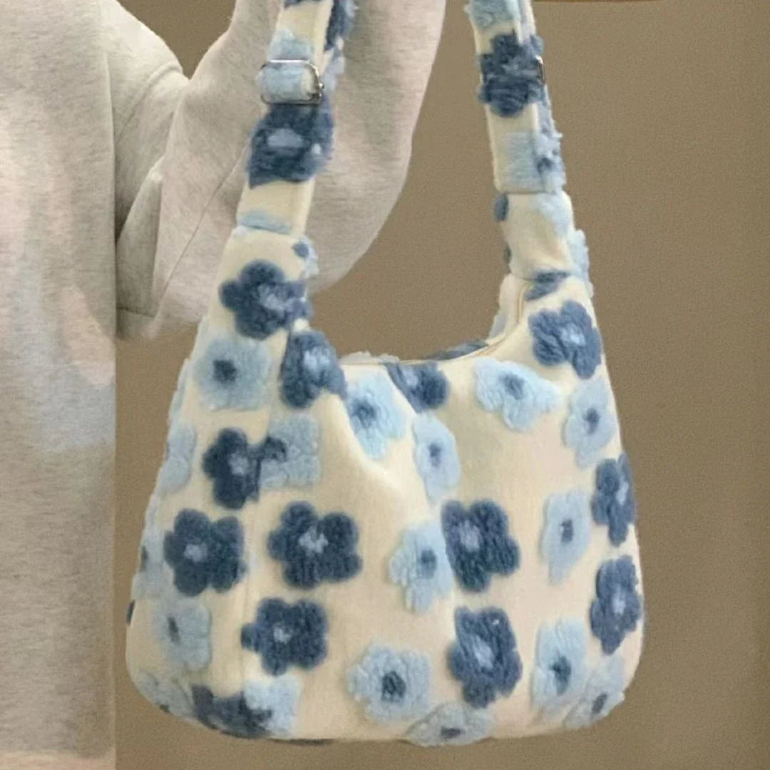 qgtao Autumn Winter Flower Lamb Wool Plush Bag Student Large Capacity Tote Bag Shoulder Bag Women Bag Crossbody Bags for Women