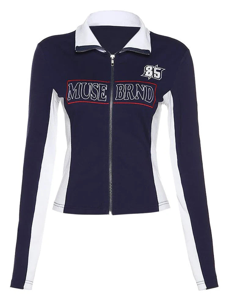 qgtao Y2K T-Shirt Women Long Sleeve Letter Print T-Shirt Stitching High Street Tee Jacket Ladies Zipper Slim Aesthetic Clothes