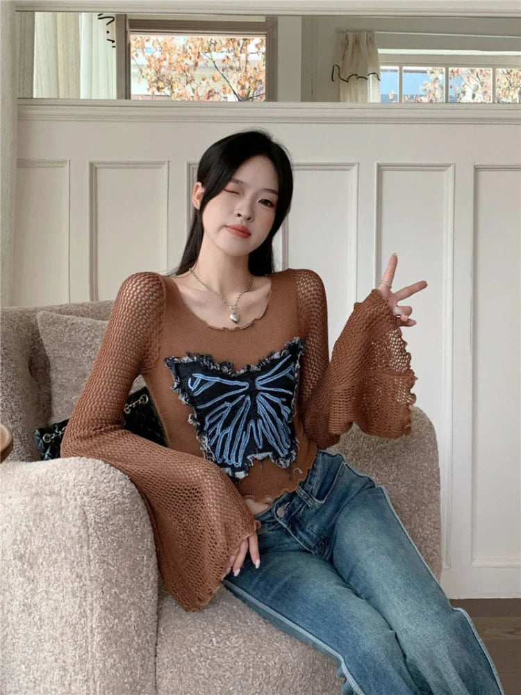 qgtao Y2k Sweater Vintage Butterfly Embroidery Knitted Pullover Suqare Neck Long Hollow Out Flare Sleeves 2024 Autumn Tops.