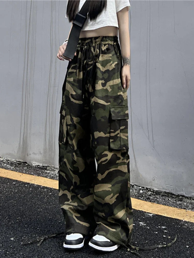 American Vintage Camouflage Cargo Pants Women Summer New Streetwear Loose Straight Wide Leg Trousers Woman