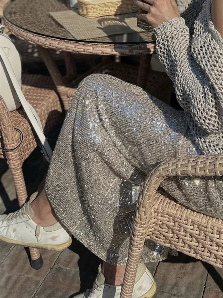 qgtao Sequin Female Sexy Maxi Skirt Summer Fashion Glitter High Waist Loose Elegant Club Long Skirt Sparkle Women Long Skirt New