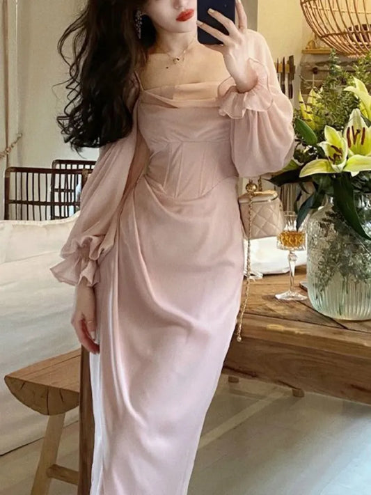 qgtao 2024 Autumn Solid Elegant Fairy Dresses Women Casual Party Fashion Korean One Piece Dress Female Lace Vintage Chic Midi Dresses