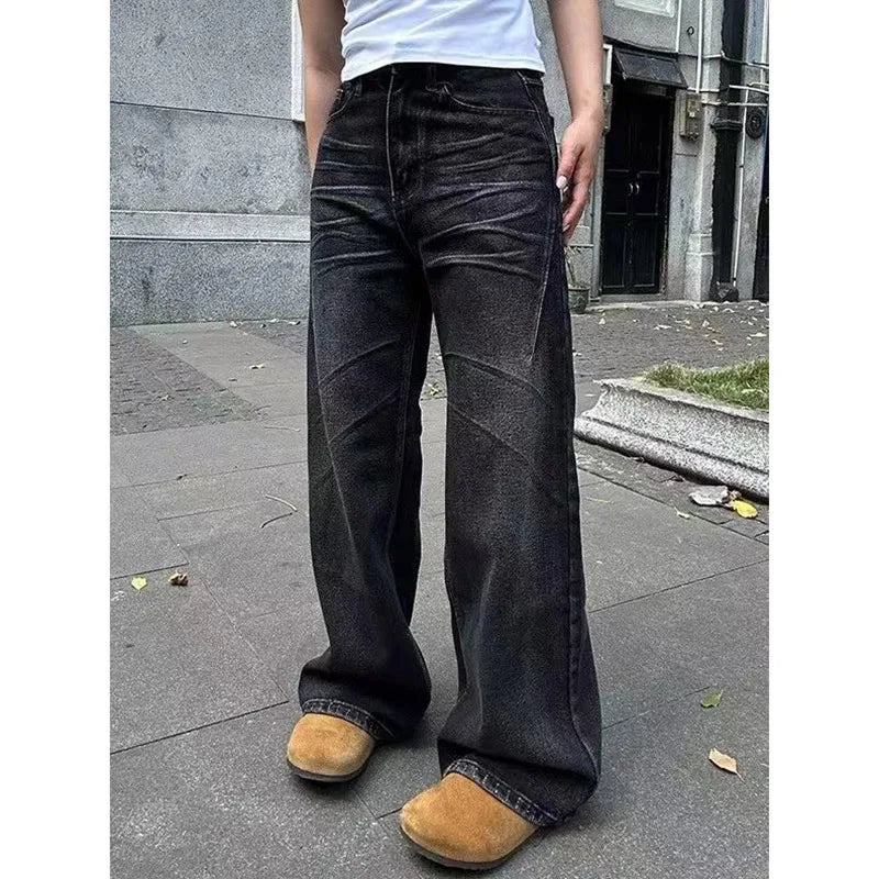 qgtao - Black Jeans Women High Waist American Street Wide Leg Pants Vintage Straight Baggy Casual Plus Size Mom Oversize Denim Trousers