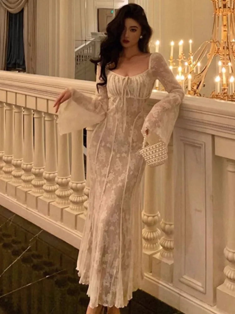 qgtao Autumn Elegant Flare Sleeve Bodycon Midi Dresses for Women New Slim Mermaid Wedding Runway Party Lace Vestidos Vintage Clothing