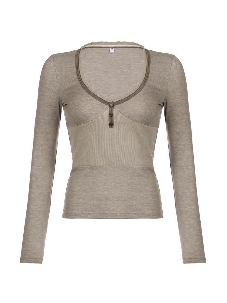 qgtao Y2K T-Shirts Women Vintage Long Sleeve Tops Female Hot Girl Fashion Deep V Neck Tee Ladies 2000S Style Grunge T Shirt Street wear