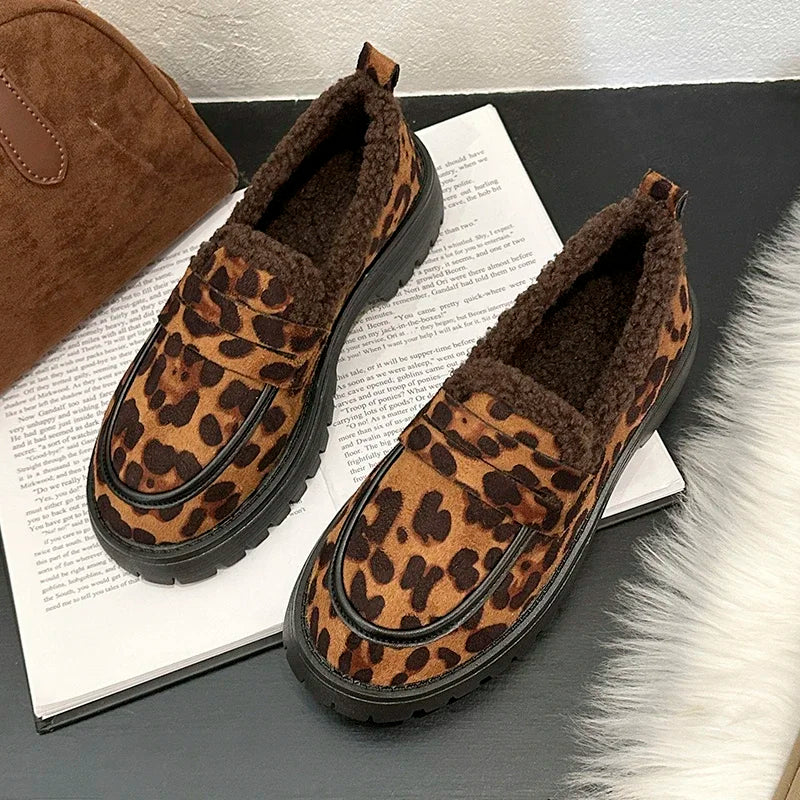 qgtao Leopard Woman Platform Shoes Warm Loafers Designer 2024 Trend Winter New Outdoor Casual Sneakers Non-slip Pump
