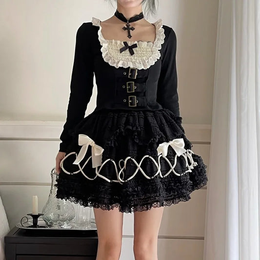 Karrram Japanese Y2k Black Short Skirt Vintage Gothic Lace Mini Skirt Lolita Harajuku Ball Gown Skirt 2000s Aesthetic Cake Skirt