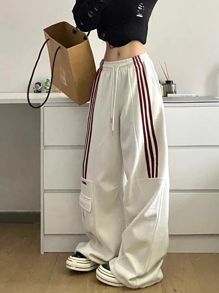 qgtao Y2k Stripe Sweatpants Women Hip Hop High Waist Vintage Loose Wide Leg Pants Street wear Elastic Casual Black Oversize Pants