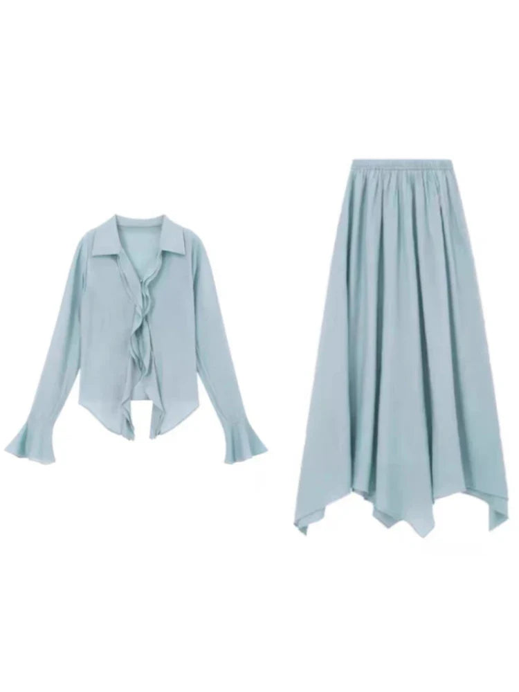 qgtao Autumn French Party Chiffon Skirt 2 Piece Set Women Casual Elegant Blouse + Office Lady Fairy Midi Skirt Korean Fashion