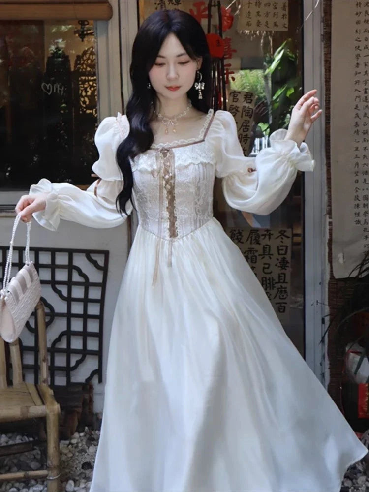 qgtao Autumn Fairy Midi Dresses for Women Lace-up Korean Fashion Slim Wasit A Line Princess Party Dress Vintage Court style Vestidos