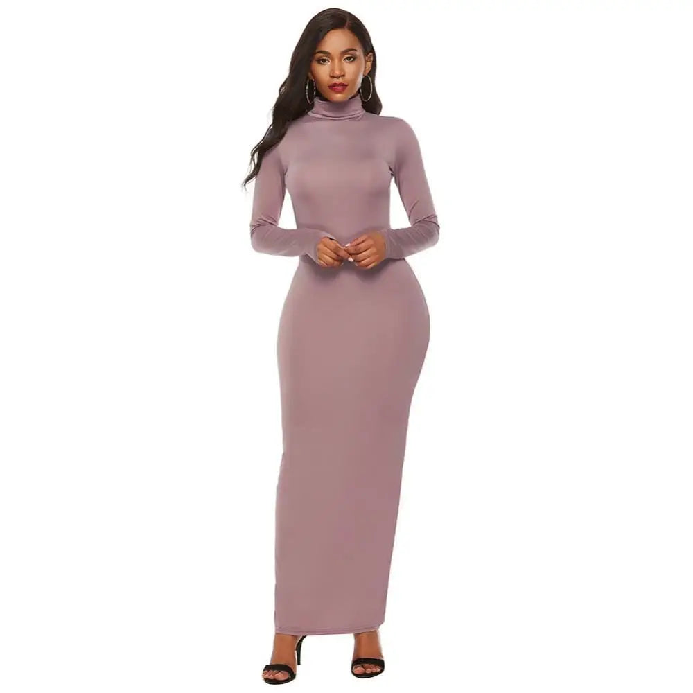 qgtao聽Women Long Dresses Plus Size Party Solid Color Women Long Sleeve Turtleneck Bodycon Dress Maxi Vestidos S-5XL