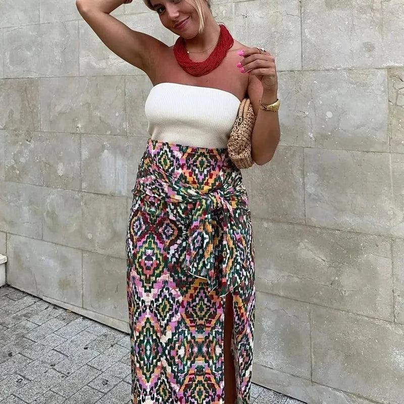 TRAF Print High Waist Midi Skirt for Women Summer 2023 Knot Beading Sexy Slit Female Long Skirt Floral Vintage Beach Slit Skirt
