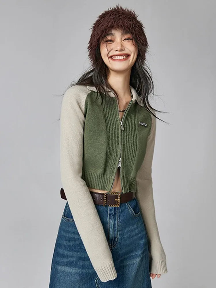 Tonngirls American Retro Knit Cardigan Women Patchwork Slim Y2k Vintage Crop Tops Streetwear Turn Down Collar Cardigan Sweater