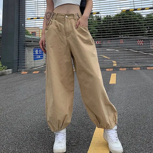 QWEEK Baggy Jogger Pants Women Khaki High Waist Japanese Vintage Cargo Pants Streetwear Fashion Loose Casual Drawstring Jeans