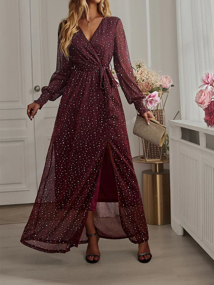 Sequin Dress Women Evening Long Dresses Female Party Sexy Long Sleeve Dress Ladies Prom Fashion High Split Vestidos Mujer