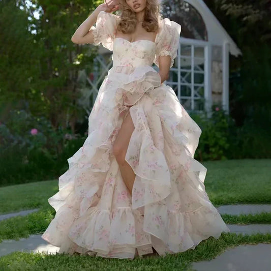 qgtao  Long Floral Print Prom Dresses for Women Square-Neck Floor-Length A-Line Special Event Wedding Gala Evening Party Maxi  New