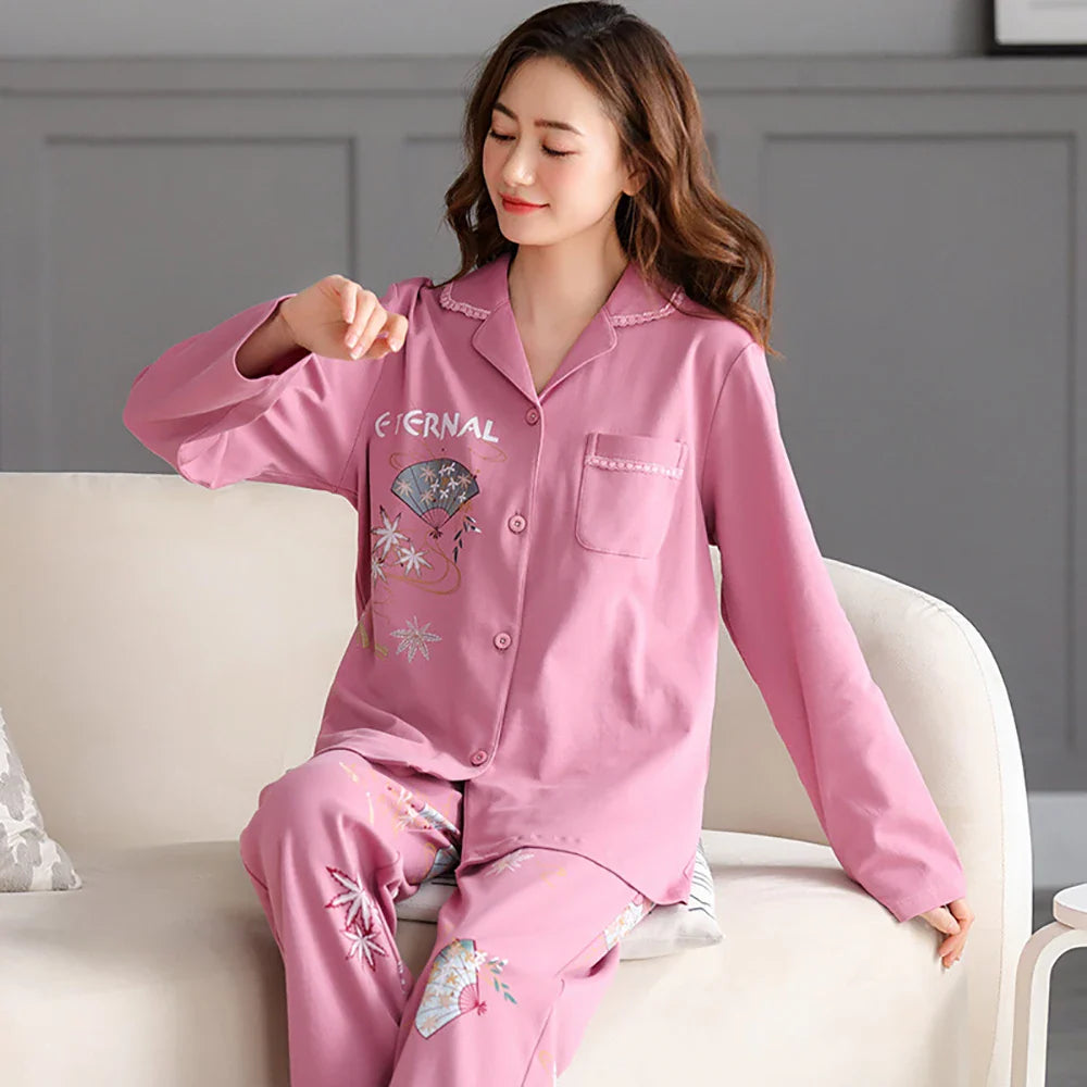 qgtao M-3XL 100% Cotton Elastic Waist Trousers Sets Spring Autumn Print Sleepwear Women's Big Size Pajama Breathable Soft Pijama Mujer