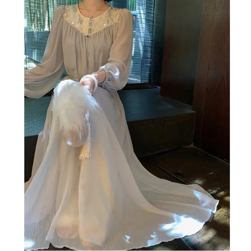 qgtao Elegant Fairy Loose Midi Dresses for Women Lantern Sleeve New Chinese Style Autumn Party Dress Fashion Female One Piece Vestido