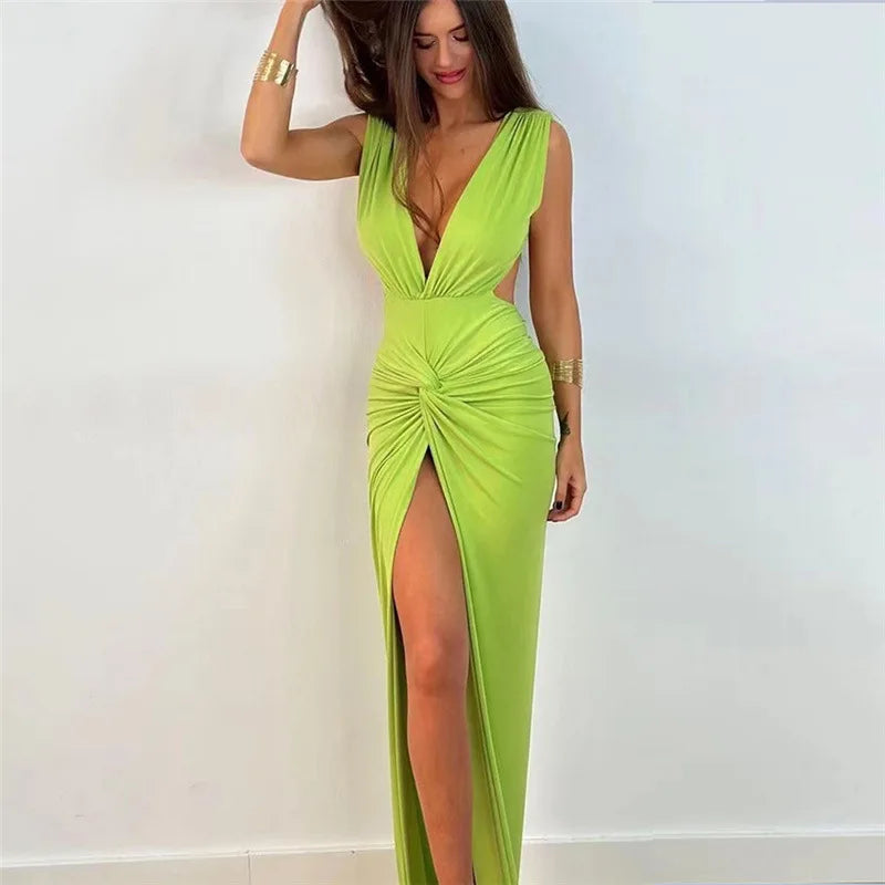 qgtao Sexy Solid Deep V Neck Hollow Out Maxi Dress Elegant Sleeveless Pleated Split Slim Dresses Summer Lady Evening Party Club Robes