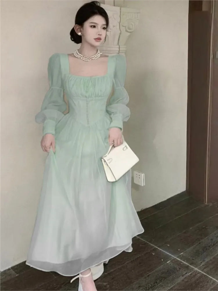 qgtao Autumn New Princess Midi Dresses for Women Square Collar Slim Waist Puff Sleeve Vintage Chic Female Clothing One Piece Vestido