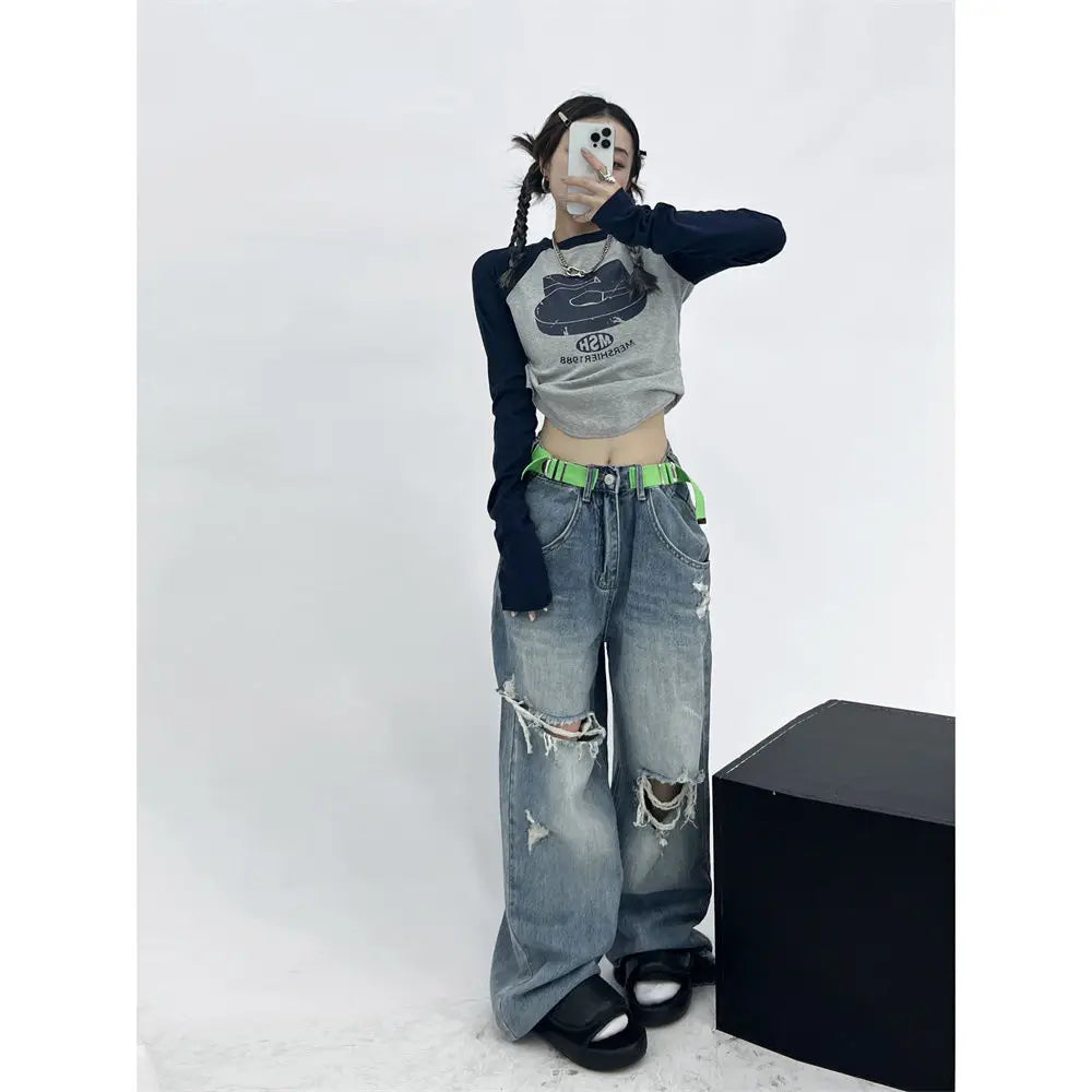 qgtao Y2K Patchwork Tshirts Women Vintage Letter Crop Tops Female O Neck Long Sleeve Top Ladies Fashion Casual Slim Tees Spring Autumn