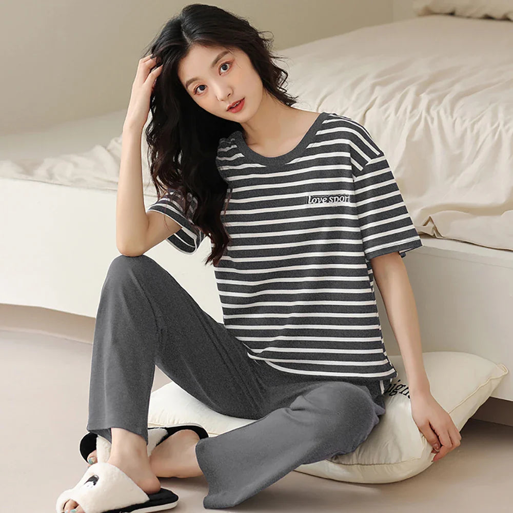 qgtao M-2XL 100% Cotton Women's Pajamas Casual Summer Short Sleeve Thin Pijama Sets Breathable Soft Pajama Sleepwear With Two Pockets