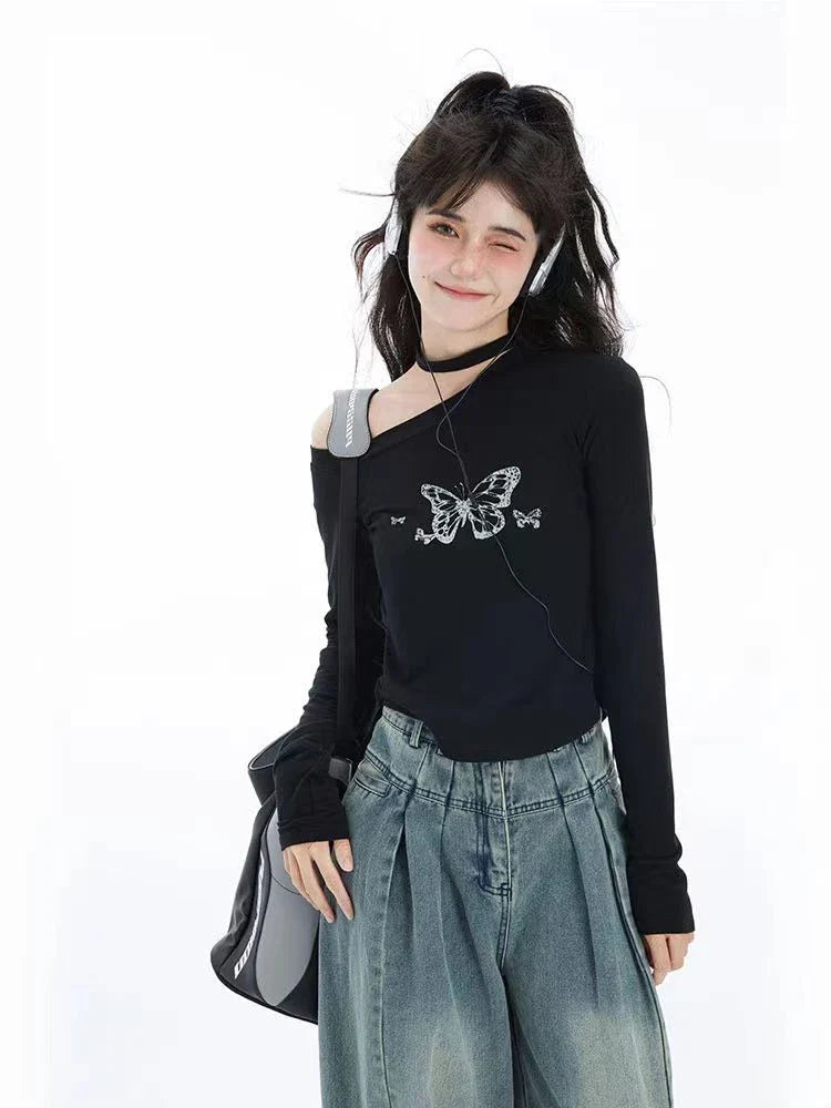 Butterfly T-shirt Women Graphic Top Girl Sexy Off Shoulder Long Sleeve Top Female Harajuku Slim Fashion Slim Gothic Tees Summer