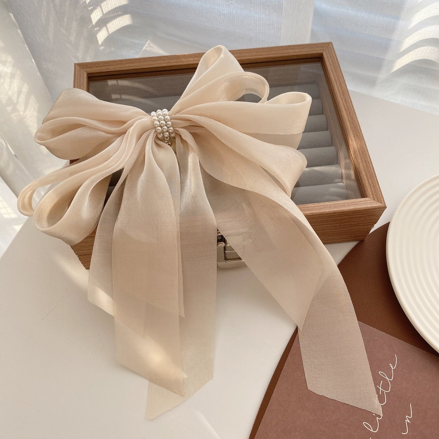 summer New Pearl Pendant Big Organza Bow Hair Clip Fashion Hair Accessory Women's Large Ribbon Bow Hairpin Head Back Top Clip