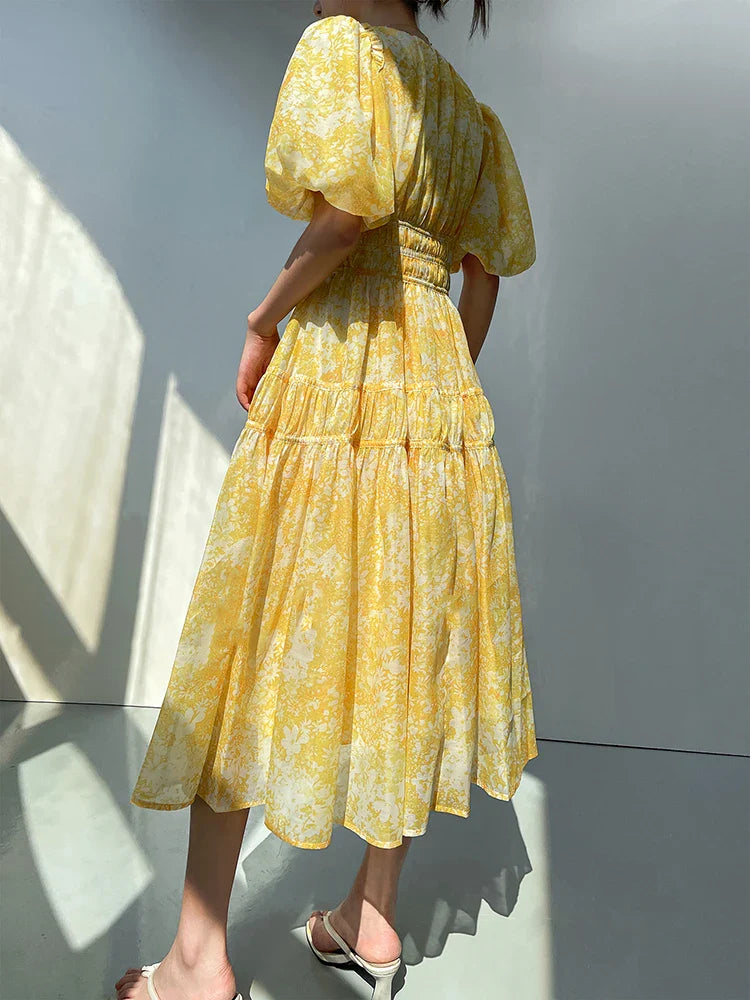 French Floral Printed Puff Sleeve Beading Midi Dress Women V Neck Elegant Slim Waist Party Dresses Fashion Summer