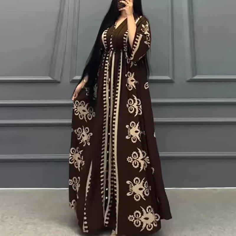 qgtao Ethnic Retro Print Loose Maxi Long Dress Women Spring Sexy V Neck Lace-up Robe Party Dress Autumn 3/4 Sleeve A-Line Boho Dresses