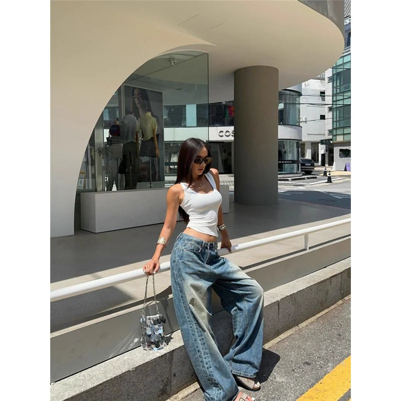 qgtao - Blue Womens Jeans High Waist Vintage Straight Summer Design Sense Denim Pants Streetwear American Wide Leg Baggy Denim Trouser
