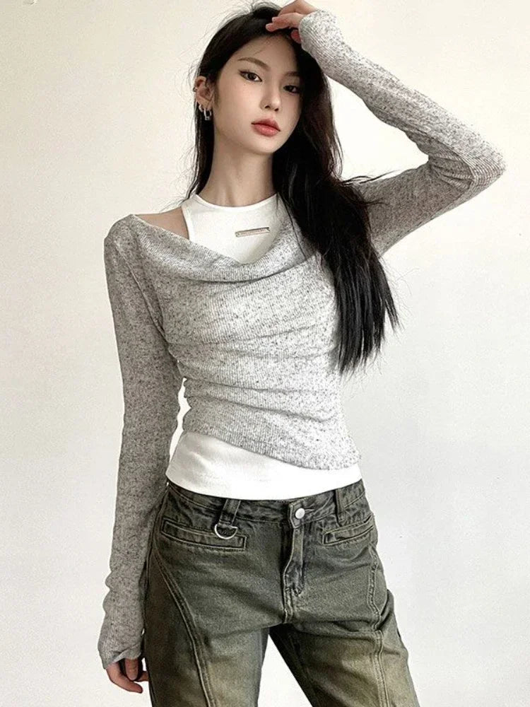 HOUZHOU Two Pieces Set Women Long Sleeve T-shirts Grunge Y2k Aesthetic Vintage Streetwear Solid Crop Top+Bottoming Tanks Fashion