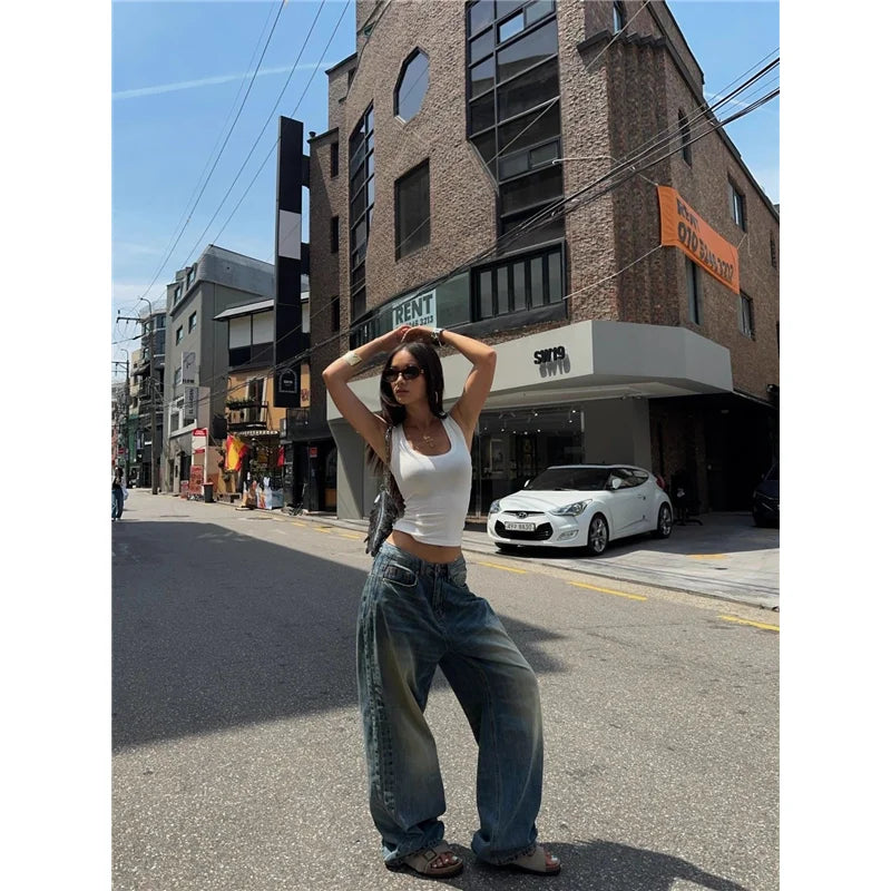 qgtao - Blue Womens Jeans High Waist Vintage Straight Summer Design Sense Denim Pants Streetwear American Wide Leg Baggy Denim Trouser