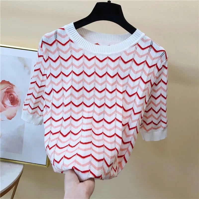 Casual Hollow Out Stripe Knitted Short Sleeve Top Women New Summer Thin Short T-shirt Korean Fashion Plus Size 4xl O-neck Female