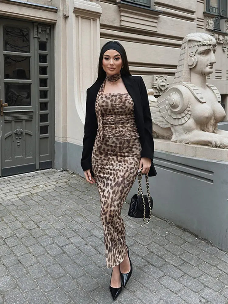 qgtao Chic Leopard Print Top Long Skirt Suits 2 Pcs Set Women Sleeveless Halter Tops Hip Package Slim Skirts Summer New Lady Outfits