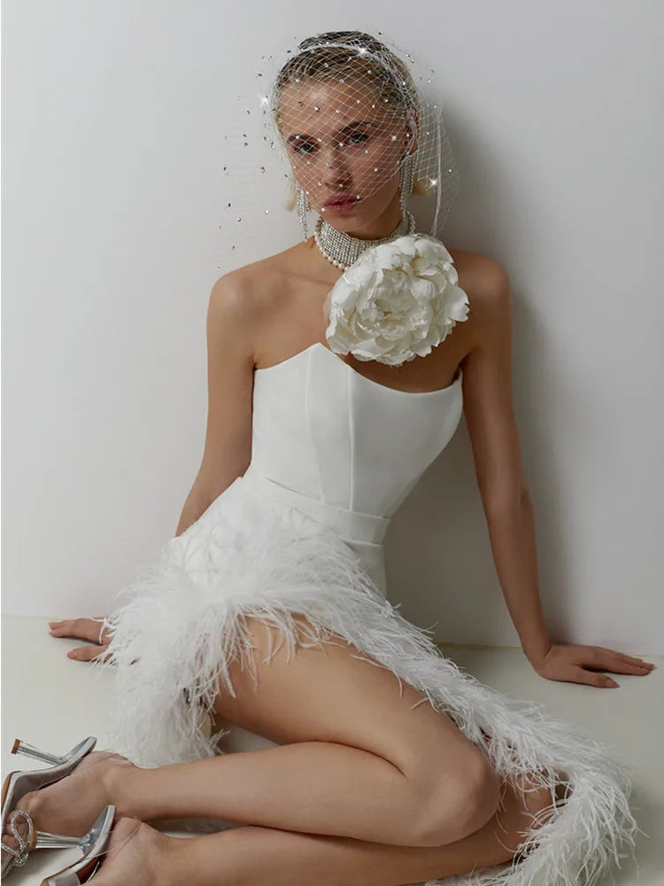 qgtao New Women Sexy Strapless Black White Feather Midi Bandage Dress 2024 Split Knitted Elegant Evening Bodycon Party Dress