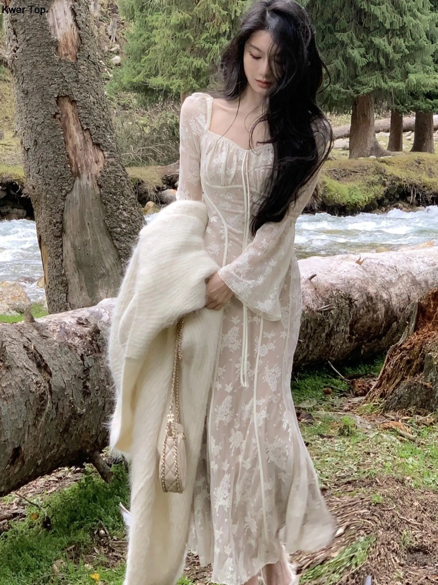 qgtao Elegant Flare Sleeve Mermaid Long Dress Spring Summer Slim Wedding Runway Party Lace Vestidos Women Vintage Clothing