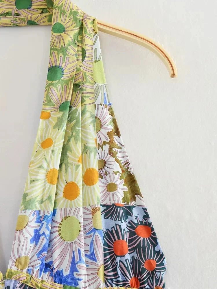 qgtao Boho Flower Print Halter Mini Dress Women Fashion 2023 Beach V Neck Sexy Backless Dress Holiday Party Dress