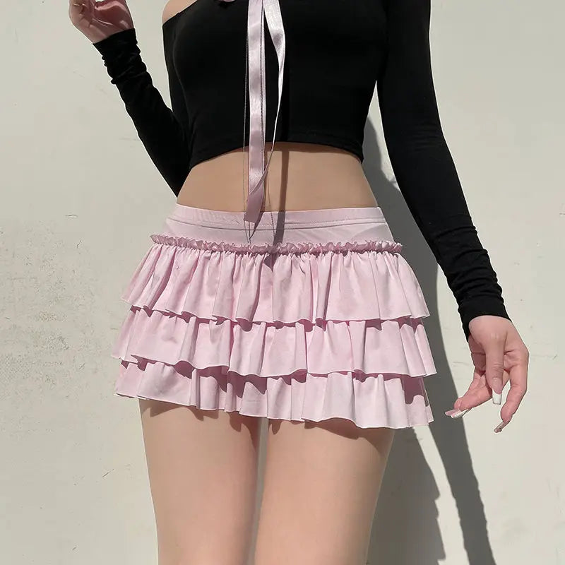 qgtao Coquette Pink Sexy Mini Skirt Women Ruffle Bow Sweet Kawaii Layered Short Skirt Lolita Pleated Solid Y2k Casual Skirts