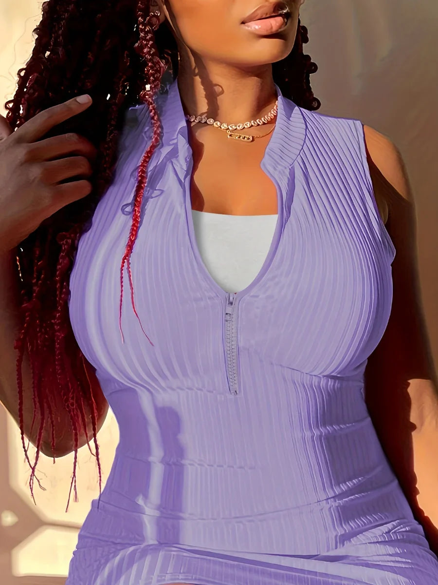 qgtao  Plus Size dresses Rib Knit Zipper Design Bodycon Dress sleeveless mini dress vestido Fashion women clothing Elegant dress