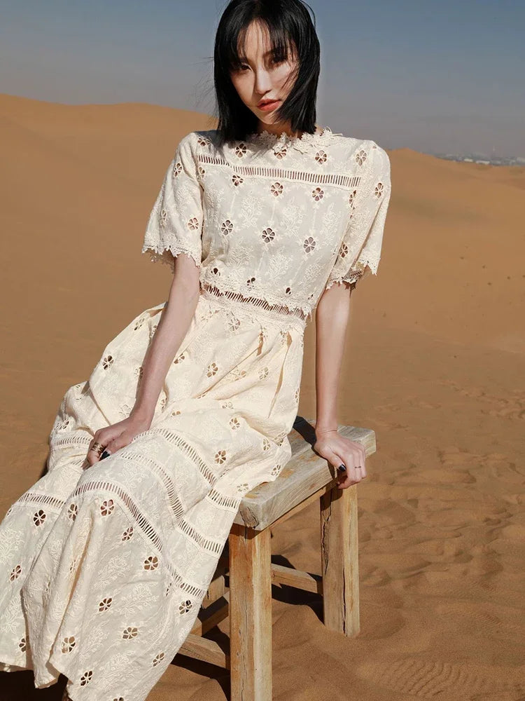 qgtao Boho Elegant Chic Maxi Dress Hollow Out Casual Summer Women Dresses Sheer Sexy Holiday Casual Ladies Dress Vestidos