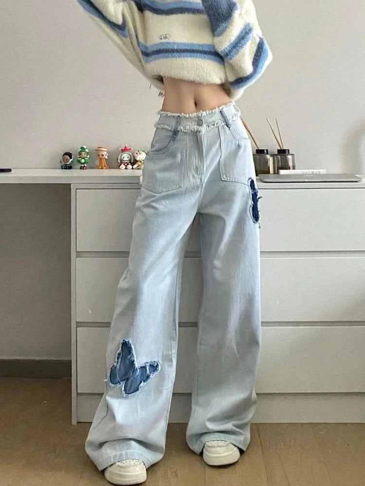 qgtao - Blue Jeans Plus Size Women Y2k Fashion Loose Butterfly Patchwork Causal High Waist Denim Pants Streetwear Retro Bottoms