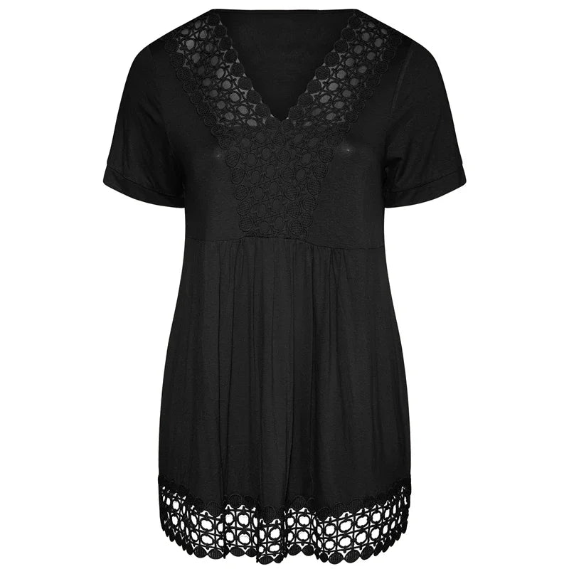 qgtao Plus Size Summer Elegant Peplum Tunic Women Short Sleeve Lace Panel V-neck Casual Blouse Top Plus Size Women Clothing 5XL 6XL